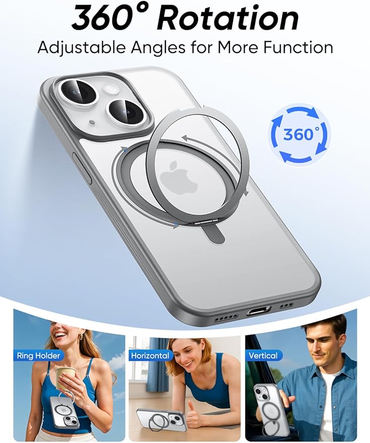 MAGIC JOHN 360° Rotatable Magnetic Invisible Stand for iPhone 14/iPhone 13 Case [Anti-Slip Grip] [Compatible with MagSafe] 16FT Shockof for iPhone 14/13 Case with Kickstand, Gray