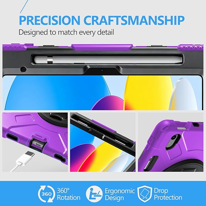 Case for iPad (A16) 11th/10th Generation Case: Protective Cover for iPad 11th Gen 11 Inch 2025 &10th Gen 10.9" 2022 with Screen Protector- Stand- Shoulder Strap- Handle- Pencil Holder-Black+Purple
