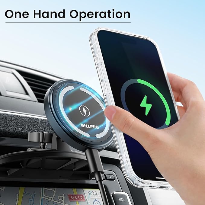 OHLPRO 15W Magsafe Car Mount Charger for iPhone 17, Fast Wireless Charging Magnetic CD Slot Holder with 3M Adhesive Base for Dashboard, Aluminum Shell, Compatible with iPhone 16 15 14 Series, Gray