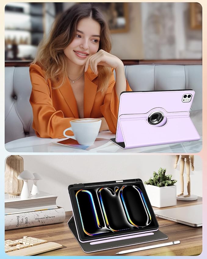 Kidcube for iPad Pro 11 Inch Case M4 2024 5th Generation - Women Girls Kid Cute Rotating Stand Folio Cover with Pencil Holder & Card Slot Girly Kawaii Cat Design for iPad Pro 11'' Case 2024 M4 5th Gen
