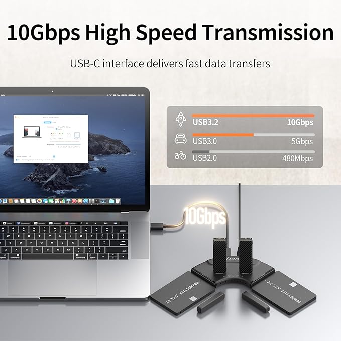 Alxum Dual M.2 NVMe & Dual SATA 4-Bay SSD Enclosure Reader, USB-C 10Gbps External Hard Drive Adapter Docking Station, PCIe 3.0 NVMe/SATA to USB Tool-Free for PC/Mac/Linux/Android