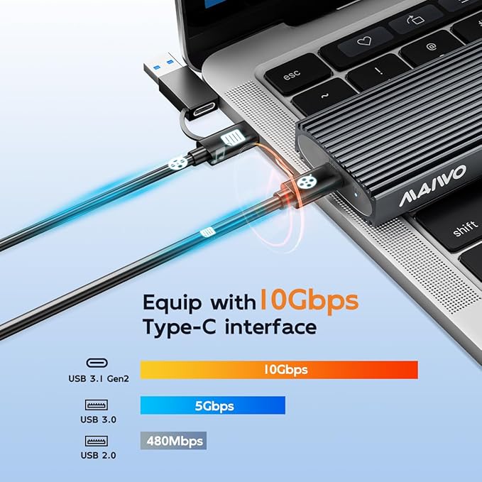 MAIWO M.2 NVMe SATA SSD Enclosure, USB 3.1 GEN2 10Gbps with UASP Trim, Up to 8TB, Tool Free PCIe NVMe NGFF SATA SSD Reader Case for 2230/2242/2260/2280mm M Key B+M Key