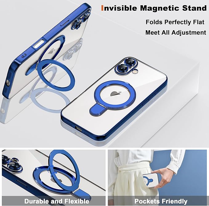 Compatible with iPhone 17 Case with Invisible Magnetic Ring Stand [Compatible with Mag-Safe] [Full Camera Lens Protector] Plating Clear Phone Case for iPhone 17 6.3", Blue
