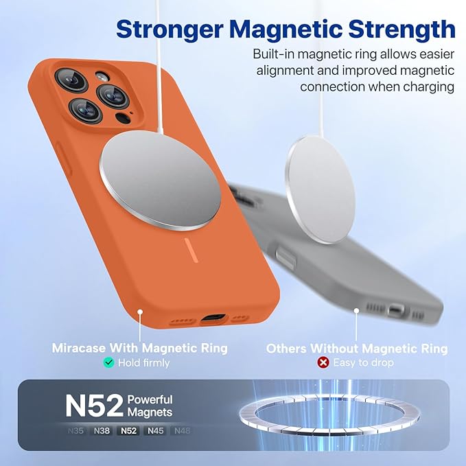 Miracase Magnetic for iPhone 15 Pro Case, [Soft Anti-Scratch Microfiber Lining], Compatible with MagSafe, Liquid Silicone Shockproof Drop Protection Phone Case for 15 Pro, Orange