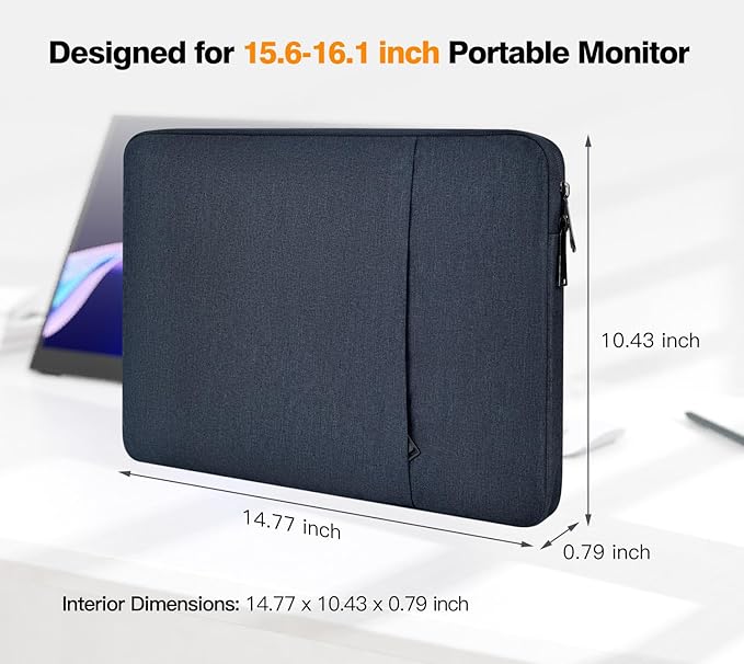 Portable Monitor Sleeve 15.6 16.1 inch, Padded Shockproof Carrying Case Bag for 15.6-16.1 inch Portable Display Monitors, Water-Resistant Laptop Bag Cover with Accessory Pocket -Navy Blue