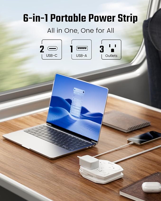 20W Travel Power Strip SUPERDANNY 3-Foot Wrap Up Extension Cord with 3 Outlets and 3 Fast Charging USBs, No Surge Protector Cruise Approved Portable Mini Travel Charger for Home Office Hotel, White
