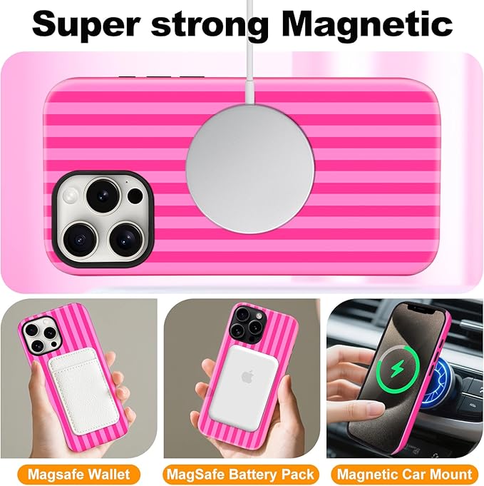 Magnetic for iPhone 15 Pro Max Case Cute Stripes Phone Case, Shockproof Slim TPU and Hard PC Protective Phone Cover Compatible with MagSafe Designed for Women Girls, Deep Pink