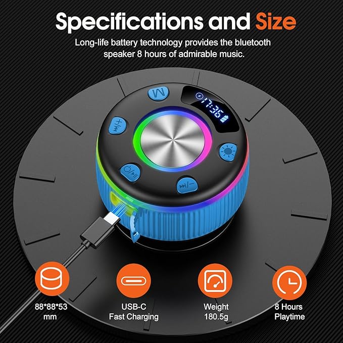 Bluetooth Shower Speaker, IP7 Waterproof Portable Bluetooth 5.3 Speakers with Suction Cup, Mini Wireless Speaker with RGB Lights Time Display, Loud Stereo Sound for Bathroom Beach Outdoor Party, Azure