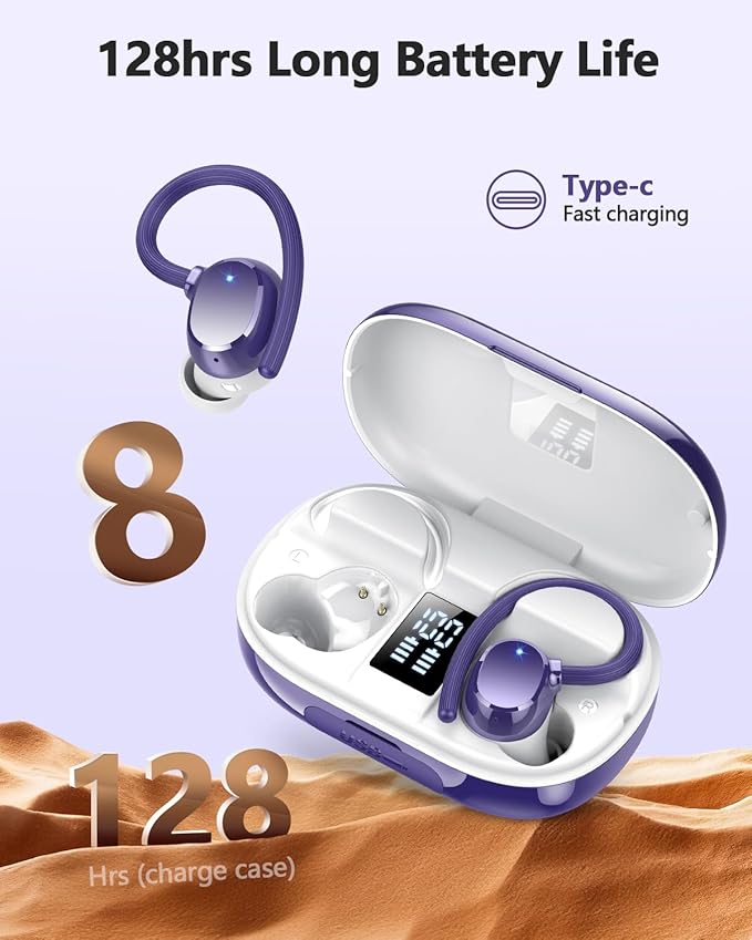 Wireless Earbuds, 128Hrs Bluetooth 5.3 Headphones Sport, Bluetooth Earbuds with ENC Noise Canceling Mic, Bass Stereo Wireless Earphones, IP7 Waterproof Over Ear Buds with Earhooks for Gym/Running