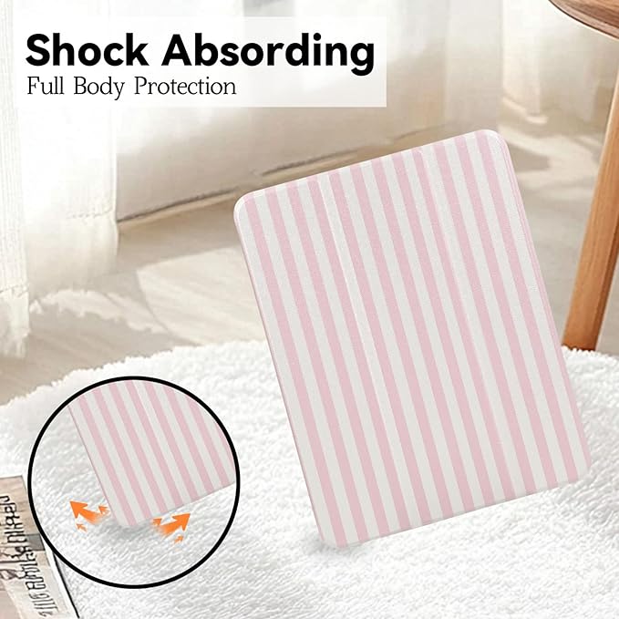 Lovmooful Compatible for iPad 11th 11-Inch A16 (2025),iPad 10 (10.9-Inch,2022 Model,10th Generation) Case with Pencil Holder Cute Striped Aesthetic Design Soft TPU Trifold Stand Protective-Pink&White