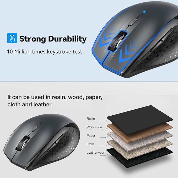 TECKNET 3-Device Bluetooth Mouse, Silent Wireless Mouse with 6-Level DPI up to 4800, 2-Year Battery, 6 Buttons for Wide Compatibility - Gray