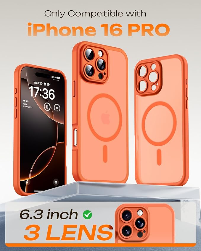 TOCOL for Phone 16 Pro Case, Compatible with Magsafe Charger, Full Camera Protection, Drop Protection, Translucent Matte Phone Case for iPhone 16 Pro 6.3 inch (Orange)