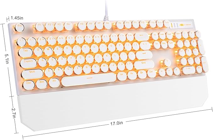 Camiysn Typewriter Style Mechanical Keyboard, Retro Punk Gaming Keyboard with Gold LED Backlit, Cute Wired Keyboards,104 Keys Full Size Keyboards, Uique Round Keycaps for Windows/Mac/PC(White&Gold)