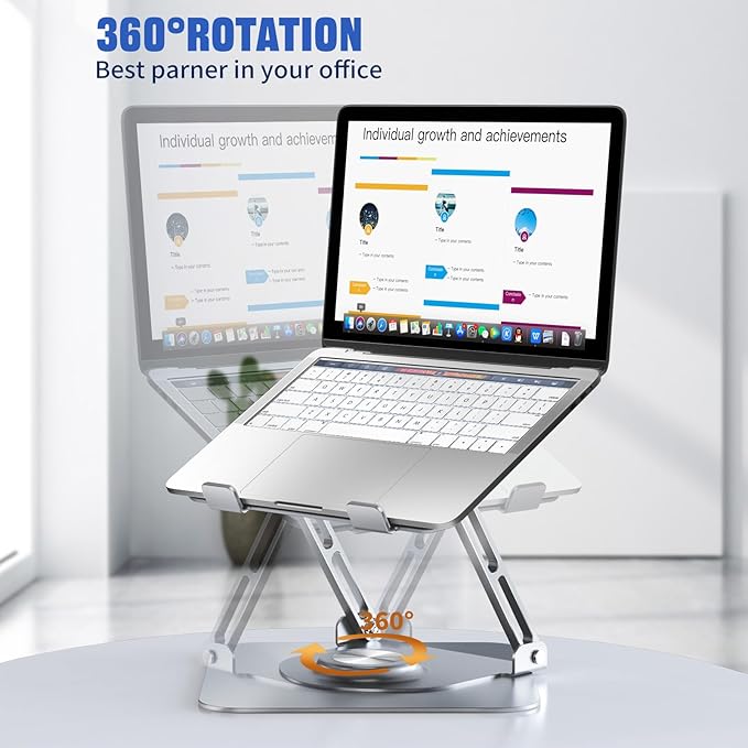 JOYEKY Laptop Stand for Desk, Adjustable Computer Stand with 360° Rotating Base, Ergonomic Laptop Riser for Collaborative Work, Foldable & Portable Laptop Stand, fits for All 10-16" Laptops (Sliver)