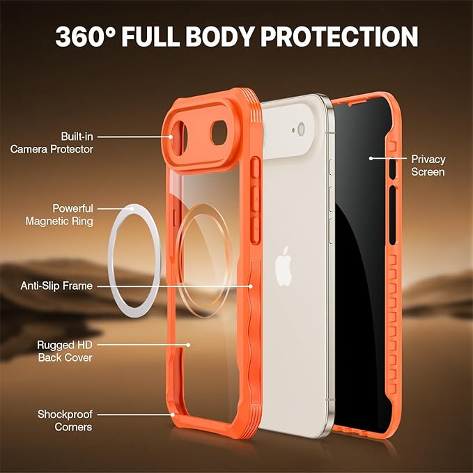 CENHUFO Magnetic Privacy for iPhone 17 Air Case [Compatible with Magsafe] Full Body Phone Case Built-in 9H Tempered Glass Privacy Screen Protector, Camera Protection Shockproof Bumper Cover -Orange