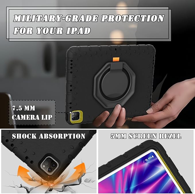 for iPad Pro 12.9 Case 3rd 4th 5th 6th Generation with Pencil Holder & 360° Rotating Handle Stand, New Cute Rugged Cover for iPad Pro 12.9 inch 2022/2021/2020/2018 - Black