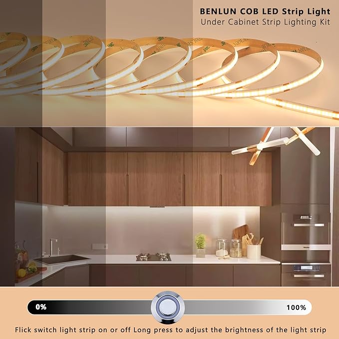 BENLUN 12V COB LED Under Cabinet Strip Lighting Kit 32.8ft, 3000K Warm White Cuttable LED Tape Lights 8W/M CRI 93 320LEDs/M with Dimmer and Power Supply for Kitchen Bookcase Shelf Display