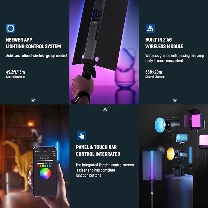 NEEWER RGB2 LED Tube Light Stick with Metal Barndoor, Handle, Touch Bar/APP/2.4G Control, Rechargeable Magnetic Handheld RGB Video Light, 2500K-10000K CRI98+ Dimmable Photography Lighting, 18 Scenes