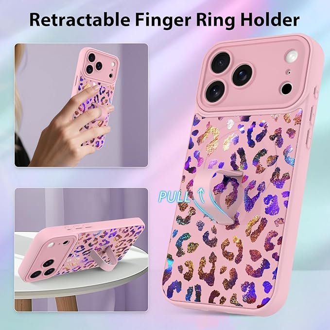 KANGHAR Compatible with iPhone 17 Pro Case, Support for MagSafe, Silicone Cute Iridescent Leopard Cheetah Pattern, Wristband Kickstand Shockproof Protective Slim Cover for Women Girls, Pink