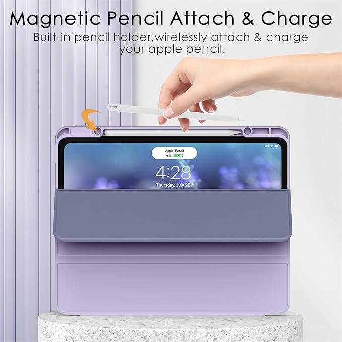 Soke for New iPad Air 13 Inch Case (M3 2025/M2 2024) with Pencil Holder, [Auto Wake/Sleep + Camera Protection] Shockproof Cover with Clear Transparent Back for Apple iPad Pro 12.9", Gray Purple