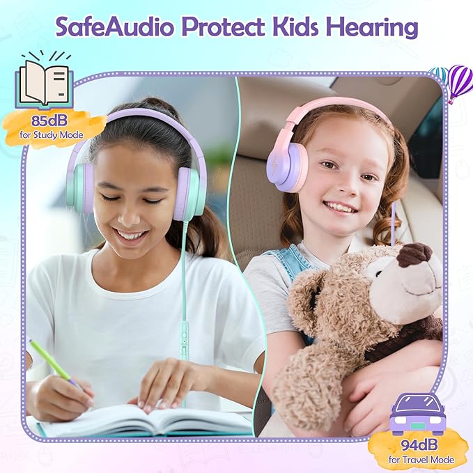 Candy Bila 2 Pack Kids Headphones, Wired Headphones for Kids Over Ear with Microphone, 85/94dB Volume Limiter Headphone for Girls Boys, Foldable Headphone for Learning & Entertainment