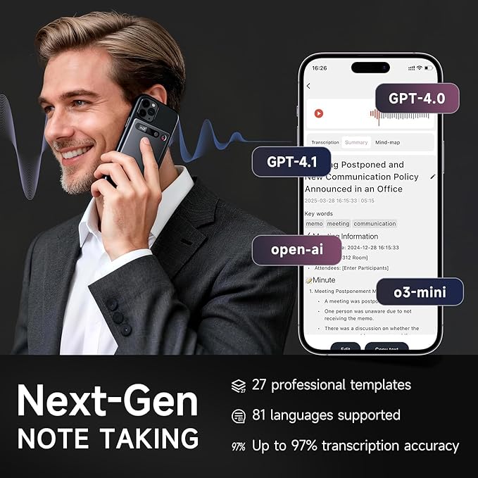 AI Voice Recorder, Note Voice Recorder, App Control, Transcribe & Summarize with AI Technology, Supports 80+ Languages, 64GB Memory Audio Recorder for Lectures, Meetings, Call, Interview (Black)