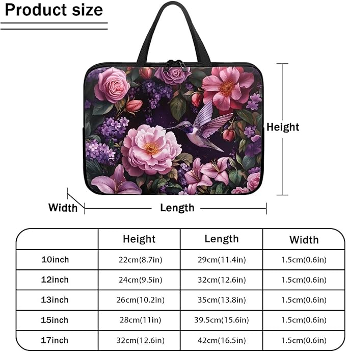 Hummingbird Bright Floral 17 Inch Computer Sleeve Tablet Portable Carrying Sleeve Case Bag Waterproof Laptop Tote Bag Notebook Messenger Briefcase Tablet Handbag for School/Office