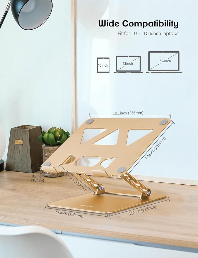 Aoviho Adjustable Laptop Stand for Desk,Portable Laptop Stand Holder and Riser,Foldable Aluminum Notebook Computer Stands for MacBook Air Pro HP Lenovo Dell Samsung Chromebook, 10-15.6 inch, Gold