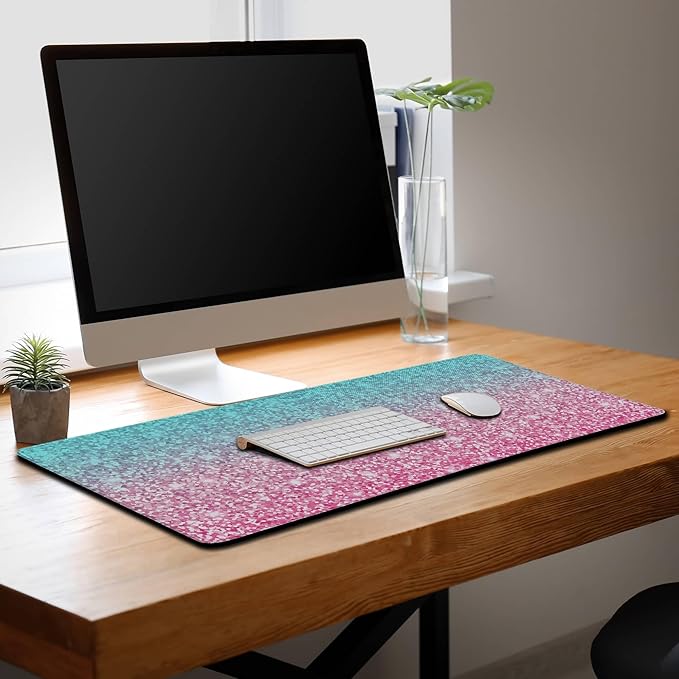 Gaming Mouse Pad Office Desk Mat, Extra Large Pink Glitter Pad for Women, Waterproof Non-Slip Rubber Base, 35.4 X 15.7 in for Work/Game/Office