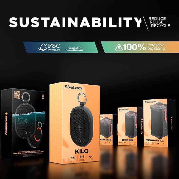 Skullcandy Kilo Wireless Bluetooth Speaker - IPX7 Waterproof Mini Bluetooth Speaker with 24 Hour Battery, Downward Firing Passive Radiator, and True Wireless Pairing - Perfect for Outdoor (Grey)