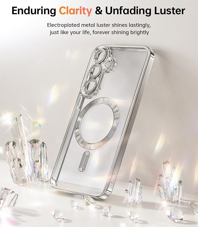 Meifigno Designed for Samsung Galaxy S25 Plus Case, [Compatible with MagSafe] [2X HD Screen Protectors] [Glitter Card & Wrist Strap] Surround Raised Lens Protection Case for S25 Plus 6.7", Silver