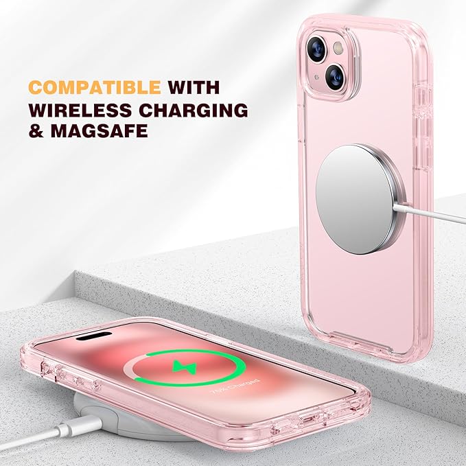 Diaclara Designed for iPhone 15 Case, Full Body Rugged Case with Built-in Touch Sensitive Anti-Scratch Screen Protector, with Camera Lens Protector for iPhone 15 6.1" (Clear Pink)