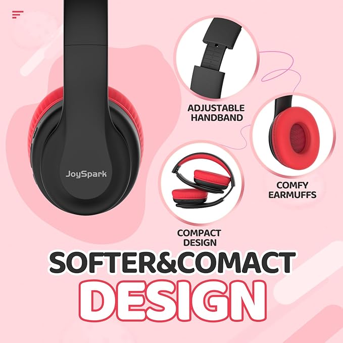 JoySpark Kids Bluetooth Headphones, Lightweight Wireless Headphones for Kids, 85/94dB Volume Limited, 60 Hours Playtime, Bluetooth 5.3, Over-Ear Toddler Headsets with Built-in Mic-Black
