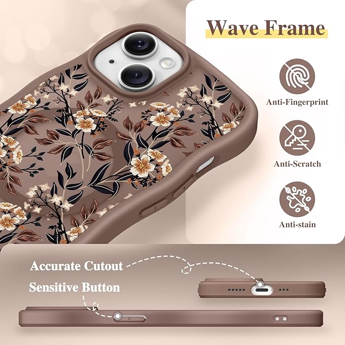 GVIEWIN Cute for iPhone 14 Case & iPhone 13 Case [Compatible with MagSafe] [Curly Wave Edge] Floral Translucent Magnetic Shockproof Protective Phone Cover for iPhone 14/13 6.1'', Bunchflower/Brown