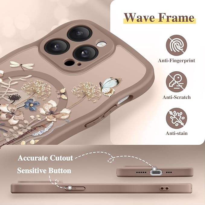 GVIEWIN for iPhone 14 Pro Case Compatible with MagSafe [Curly Wave Edge][Full Camera Protection] Floral Translucent Shockproof Magnetic Women Phone Case for 14 Pro, Autumnflit/Brown