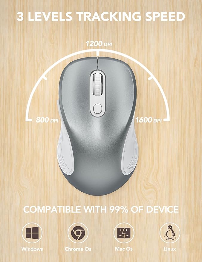 Trueque Wireless Mouse for Laptop, 2.4GHz Ergonomic Computer Mouse with Back & Forward Buttons, 3 Adjustable DPI Levels, 6 Buttons, Optical USB Cordless Mice for Windows PC, M01 (Silver Grey)