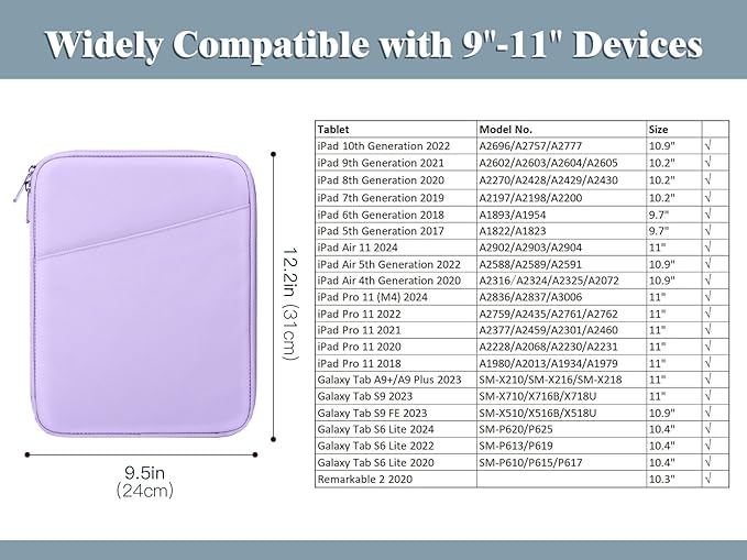 TiMOVO 9-11" Tablet Sleeve Bag for iPad 11-inch A16 2025, iPad 10.9"/10.2"| Air 11 Inch/5th/4th Gen. 10.9", Galaxy Tab A9+/A11Plus 11", Protective Bag with Pocket, Purple