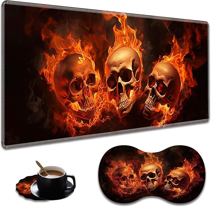 Extended Non-Slip Mouse Pad + Mouse Wrist Rest + Lace-Shaped Coaster Set, Ergonomic Design, Suitable for Desk and Home Gaming Table Mat, Fire Skulls