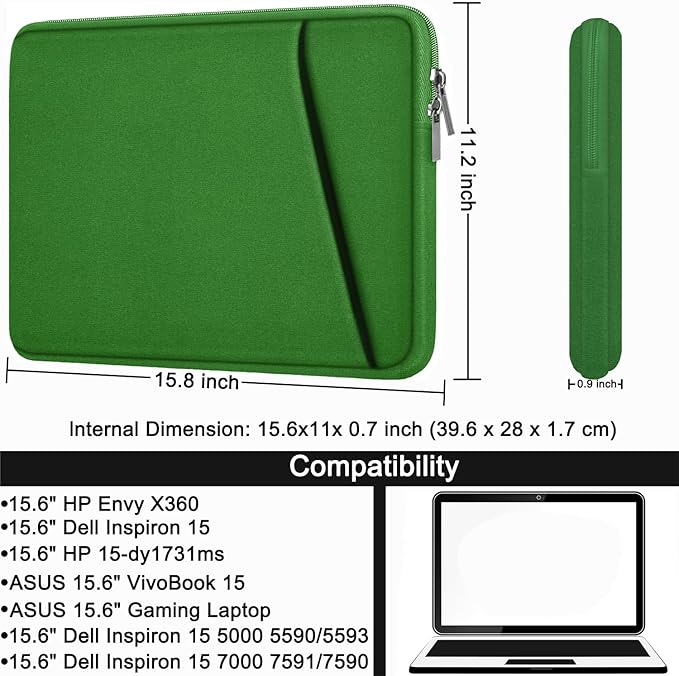 Askuko Laptop Sleeve 15.6 inch, Shockproof Protective Computer Case, Handbags Portable Laptop Bag for HP Dell Asus Lenovo Notebook Computer with Front Pocket, Dark Green