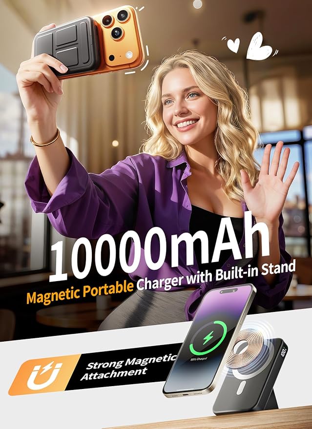 for Magsafe Power Bank, 10000mAh Wireless Portable Charger with Foldable Stand, 20W PD Fast Charging, Travel Essential for Magsafe Battery Pack, Compatible with iPhone 17/16/15/14 Series