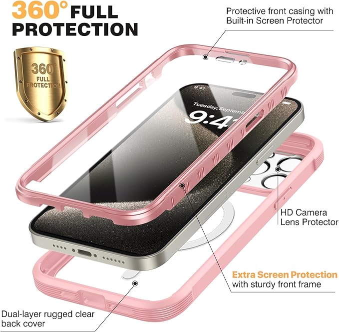 Diaclara Magnetic for iPhone 15 Pro Case, [Military-Grade Drop Proof & Fit for MagSafe] Built-in Shockproof Screen Protector, [Camera Lens Protector] Phone Cover for iPhone 15 Pro 6.1"(Coral Pink)