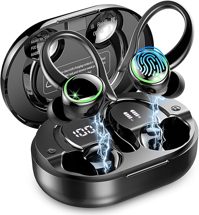 Wireless Earbuds, Bluetooth 5.4 Headphones Sports Stereo Hifi, 50H Playtime Over-Ear buds with ENC Noise Cancelling Mic, IP7 Waterproof Fitness Earphones with Earhooks, Headset for Gym Running Workout