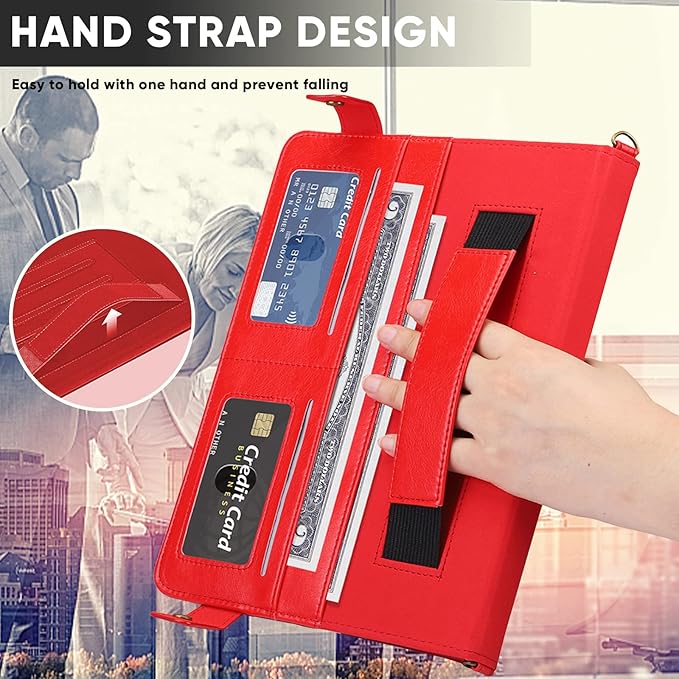 Handbag Case for iPad (A16) 11" 2025 & iPad 10th Gen 10.9", Techcircle Folio Stand PU Leather Multi-Card Slots Envelope Pocket Wallet Cover with Hand Strap+Shoulder Strap+Pen Holder, Red