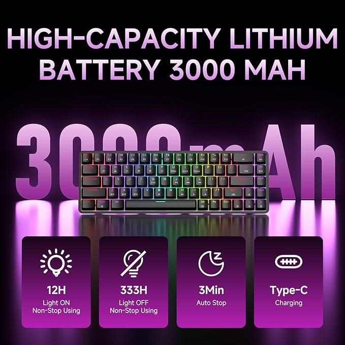 DIERYA DK68 Wireless Mechanical Keyboard, 60% Gaming Keyboard with Blue Switch, Triple Mode 2.4GHz/USB-C/BT5.0, RGB Backlit, Anti-Ghosting Keys, 68 Keys Portable Mini Wired Office Keyboard-Black