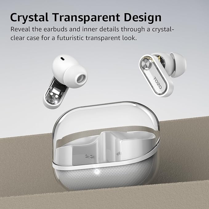 TOZO Crystal Pods Hybrid Active Noise Cancelling Wireless Earbuds, 10mm Drivers Deep Bass, 4 Mics Smart ENC AI Calls, Real-Time AI Translation, 32 EQ via App, Bluetooth 5.4, Crystal Design