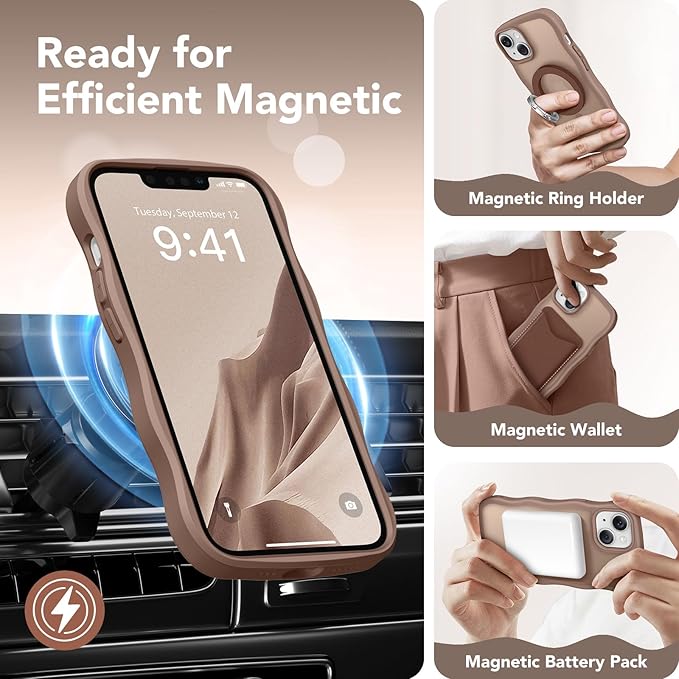 CAPRARO Cute for iPhone 13 Case & iPhone 14 Case, Compatible with MagSafe, [Curly Wave Edge] [Camera Protection] [14 FT Drop Protection] Magnetic for iPhone 13/14 6.1 Inch, Brown
