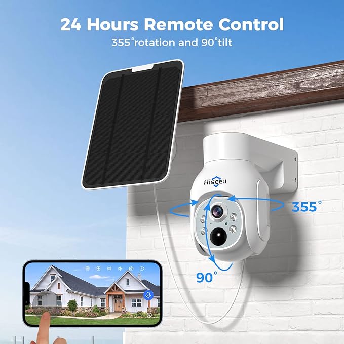 Hiseeu Solar Security Camera Outdoor, 4MP Wireless WiFi Camera, PTZ 360° View, PIR Motion Detection, Color Night Vision, IP66, 2-Way Audio, Compatible with Alexa