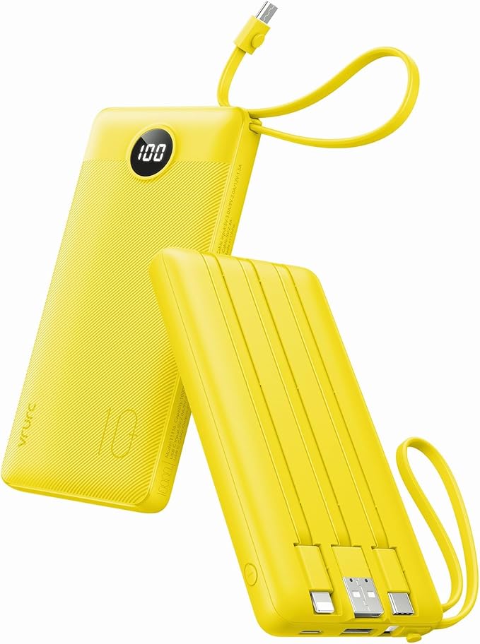 VRURC Portable Charger with Built-in Cables, USB C Portable Phone Charger 10000mAh, Lightweight Power Bank with 5 Output 2 Input Compatible with iPhone 17 16 15 13,Samsung,Android etc-Yellow(1 Pack)