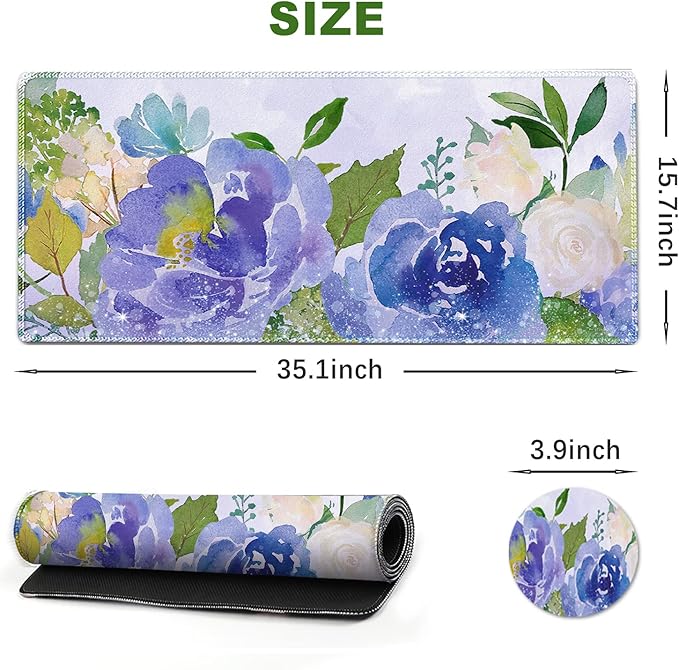 ARTSO Large Gaming Mouse Pad with Stitched Edges, XXL Extended Keyboard Mat Long Mousepad Desk Decor Writing Pad 35.1x15.7 in, Non-Slip Base for Work, Game, Office, Home, Purple Rose Flower