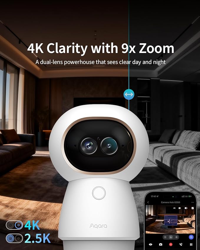 Aqara 4K UHD Dual-Lens Matter Camera Hub G350, Indoor Security Camera 9X Zoom, 360° Pan & Tilt, AI Auto-Tracking, Face/Gesture Recognition, Works with Apple HomeKit, Alexa, Google Home, SmartThings